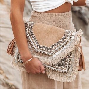 SHASHI Revolve Boho Bohemian Natural Tan Leela Fringe Clutch Crossbody Purse